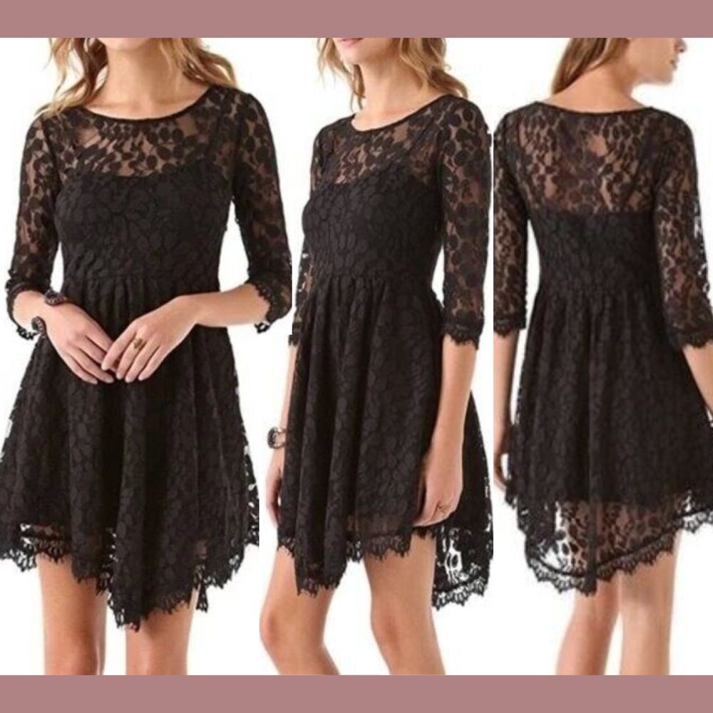 NEW $128 Free People [ 4 ] Skater‎ Floral Mesh Lace Dress in Black #u1184